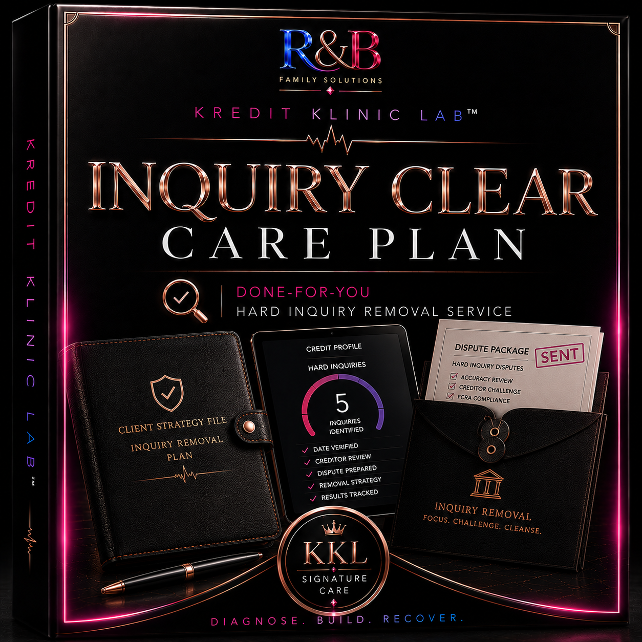 R&B Family Solutions KrediT Klinik Lab Inquiry Clear Care Plan box set, featuring a black presentation box with gold and pink accents, displaying a black leather client strategy planner, a hard inquiry tracker card, and an inquiry removal service envelope.
