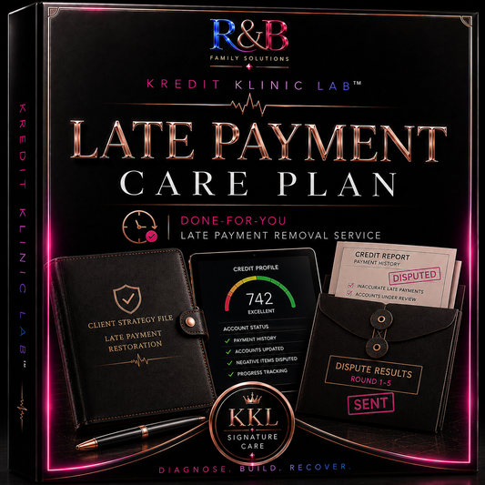 R&B Family Solutions Kredi Klinik Lab Late Payment Care Plan box set, featuring a black presentation box with gold and pink accents, displaying included items such as a black leather client strategy file, a digital client profile dashboard, and a black wallet with dispute results.